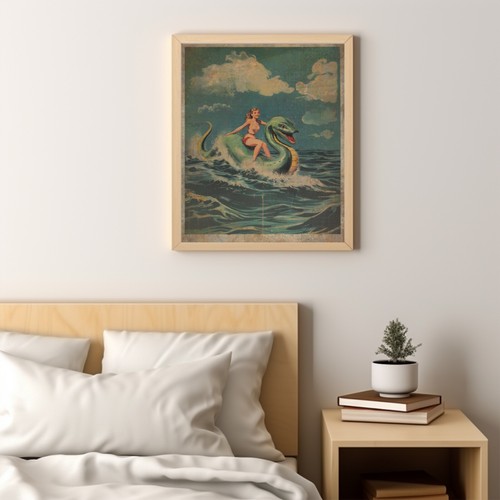 Vintage LOCH NESS MONSTER Wall Art, Nessie Pinup Girl Nautical Cryptid Decor - Picture 4 of 13