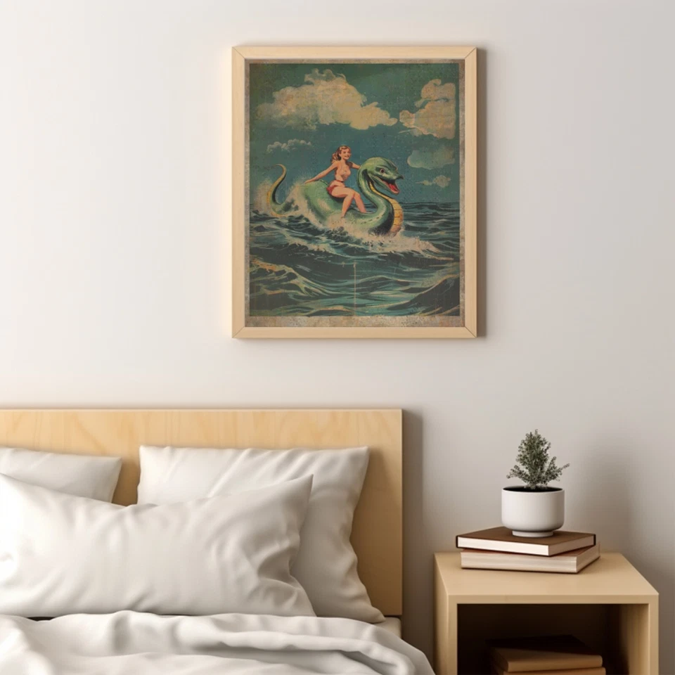 Vintage LOCH NESS MONSTER Wall Art, Nessie Pinup Girl Nautical Cryptid Decor - Image 4 of 4
