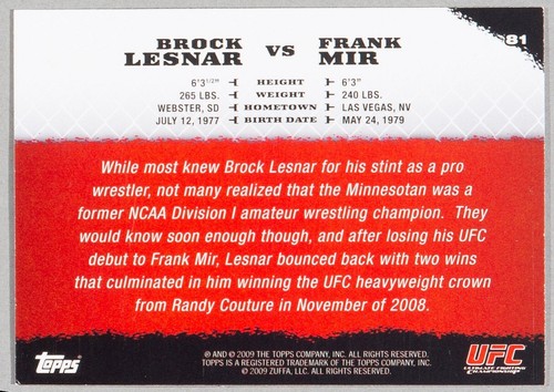 Brock Lesnar vs Frank Mir 2009 Topps UFC Round 1 Rookie Card #81 RC WWE Legend - Picture 5 of 16