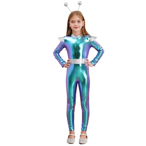 Kinder Mädchen Alien Overall Weltraum Body mit Kopfbedeckung Halloween Outfit - Bild 7 von 30