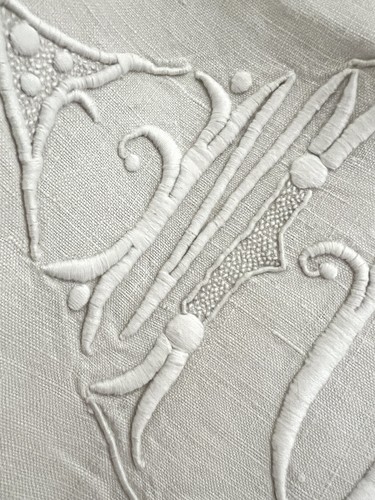 ART NOUVEAU French TROUSSEAU floppy GREYISH LINEN FIL sheet MC mono c1920 - Picture 18 of 24