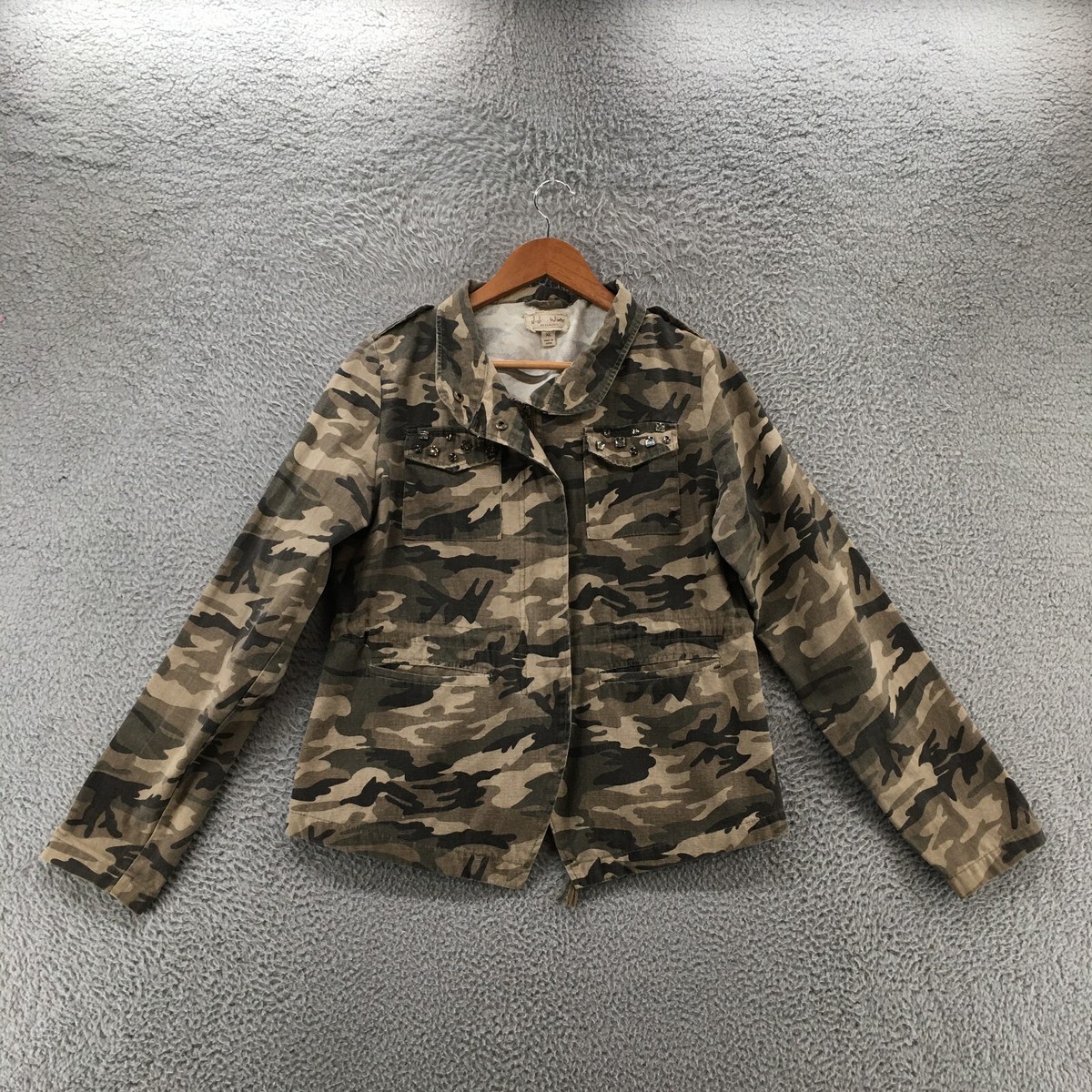 JJ Basics Zip Up Jacket Womens XL Green Cotton Camoflage Collared