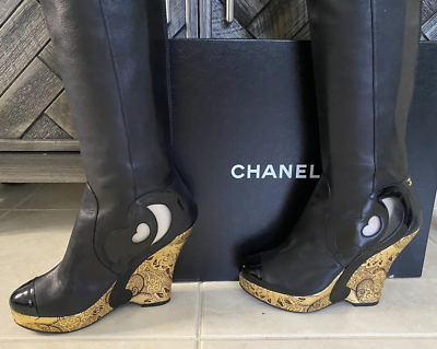 CHANEL Paris-Moscow Thigh-High Cap-Toe Black Leather Boots