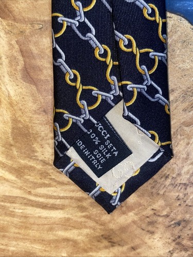Gucci Chain Link Black Gray & Gold Tie 100% Silk Made In Italy. - Picture 6 of 9