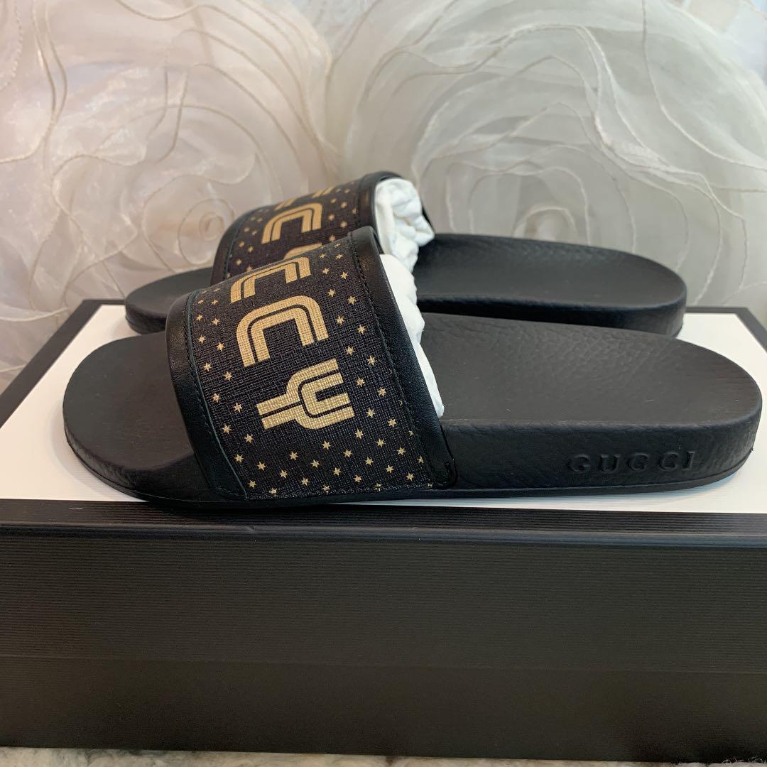 GUCCI GUCCY Print Slide Sandal 36 Black X Gold authentic GUCCI GUCCY Print Slide Sandal 36 Black X Gold authentic