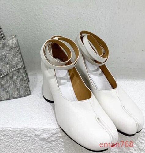 Womens Split Toe Shoes Leather Pumps Ankle Strap Block Heels Mary Jane Xmas Gift - Picture 3 of 17