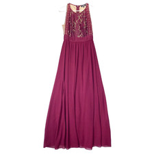 Lulus Nude Illusion Lace Forever and Always Sheer Chiffon Formal Burgundy Gown S
