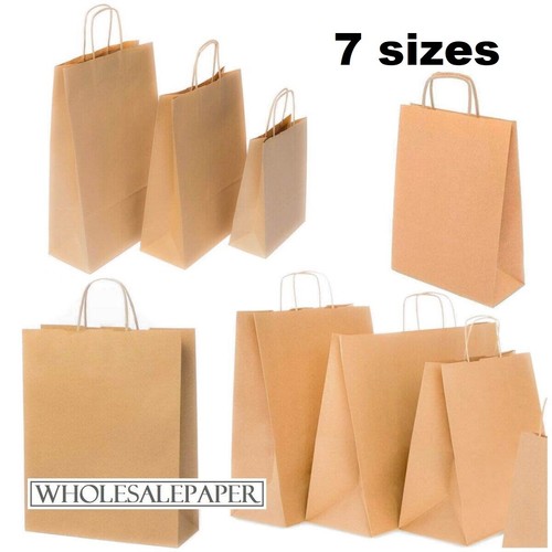 BROWN PAPER BAGS WITH HANDLES SMALL LARGE CARRIER 100 50 10 FOR PARTY GIFT SWEET - Picture 23 of 24