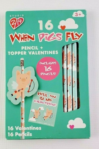When PIGS Fly Valentines 16 Cards w/ 16 Pencils - Card is Topper for Pencil - Picture 1 of 2