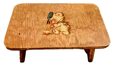 Kinder Tritthocker Holz Vintage Fußhocker mit gebranntem Pyrographie Bär - Bild 1 von 4