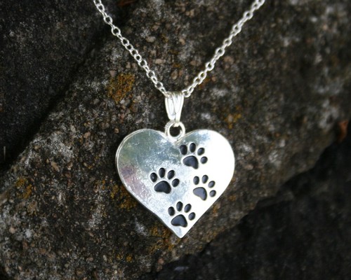 Paw Print Necklace Heart Four Paws Cat Dog Pet Lover Gift Sterling Silver Chain - Picture 3 of 11
