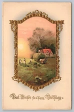 1910 Birthday Wishes Country Harvest Scene Gold Gilt Embossed Dresden Postcard