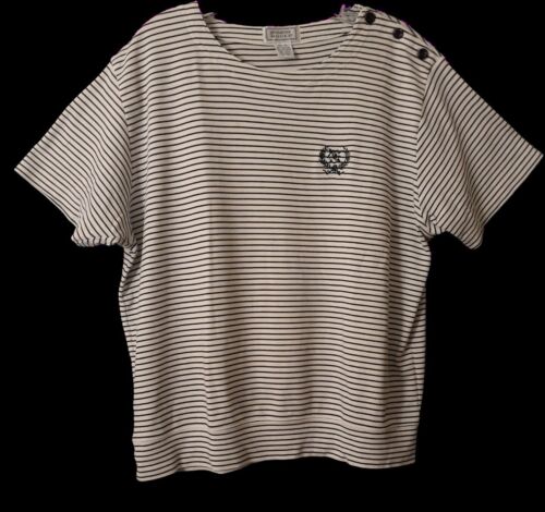 Jennifer Moore Top Womens XL White Black Stripes Band Waist Rose Nautical