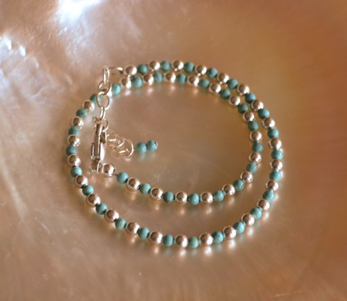 3mm Turquoise and 3mm Sterling Silver Bead Ankle Bracelet 10 to 12 Inches - Picture 12 of 12