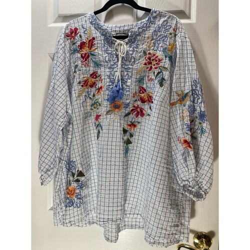 Johnny Was Workshop Embroidered Tunic Top Floral Bird Bohemian White Blue | 3X