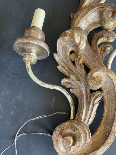 VINTAGE PAIR OF DOUBLE ARM HAND CARVED WOOD Gesso SCONCES - Picture 10 of 13