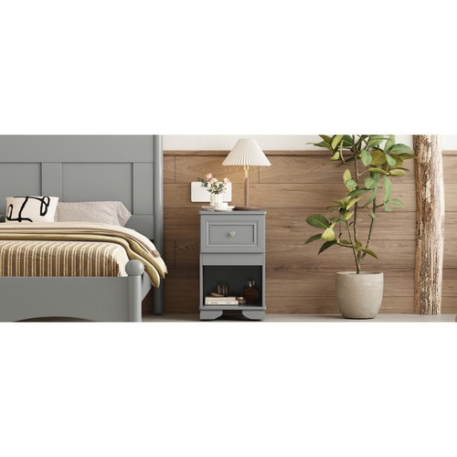 Elegant Nightstand with Drawer and Open Shelf, Classic Retro Bedside Table, Gray - Picture 9 of 14