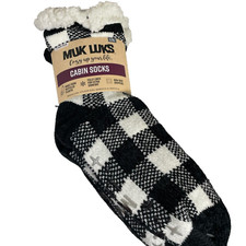 Muk Luks Women's Cabin Socks L/XL 8-10 2 Pair Plush Non-Slip Black White New