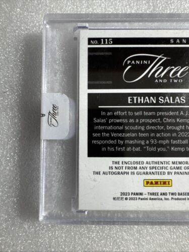 2023 Panini Three & Two-Holo Gold/Patch- Autograph•Ethan Salas-C-RC-Padres•11/25 - Picture 7 of 9