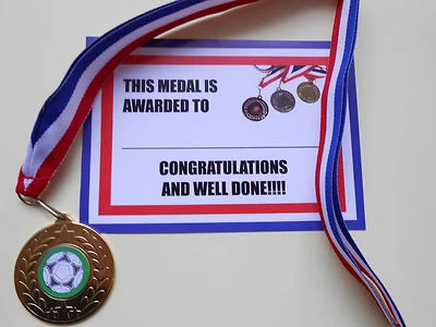 FUNDRAISING AND MEDALS FOOTBALL MEDALS - METAL - 50MM - GOLD -SILVER OR BRONZE WITH CERTIFICATE