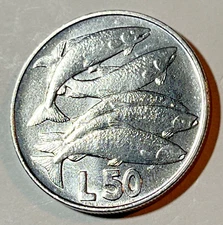 1975 San Marino 50 Lire Coin Salmon Fish Wildlife