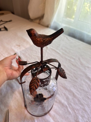 Linterna de vela vidrio craquelado con marco de cobre colibrí India vintage 12,5" - Imagen 15 de 24