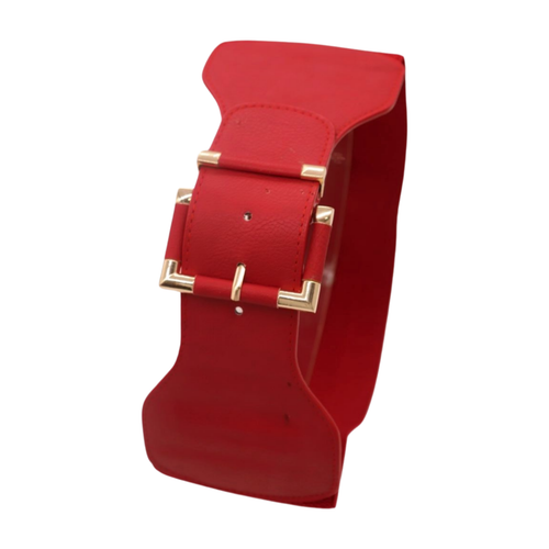 Women Red Elastic Wide Waistband Fashion Belt Hip Waist Gold Square Buckle S M - Picture 2 of 24