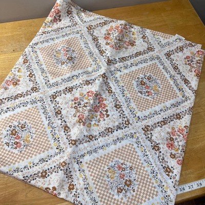 Vtg Thomaston New Era Queen Flat Sheet Floral Checkered Brown Tan Orange USA