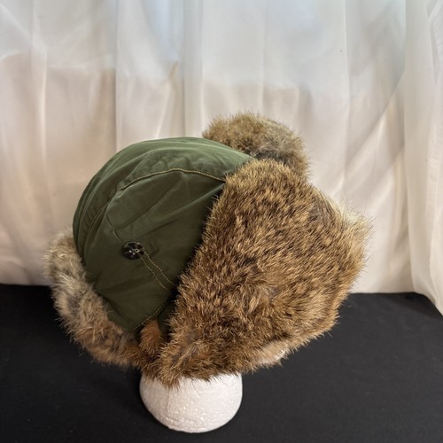 Mad Bomber Hat Navy Army Green Real Rabbit Fur Ear Flaps Trapper Cap Sz M - Picture 4 of 4