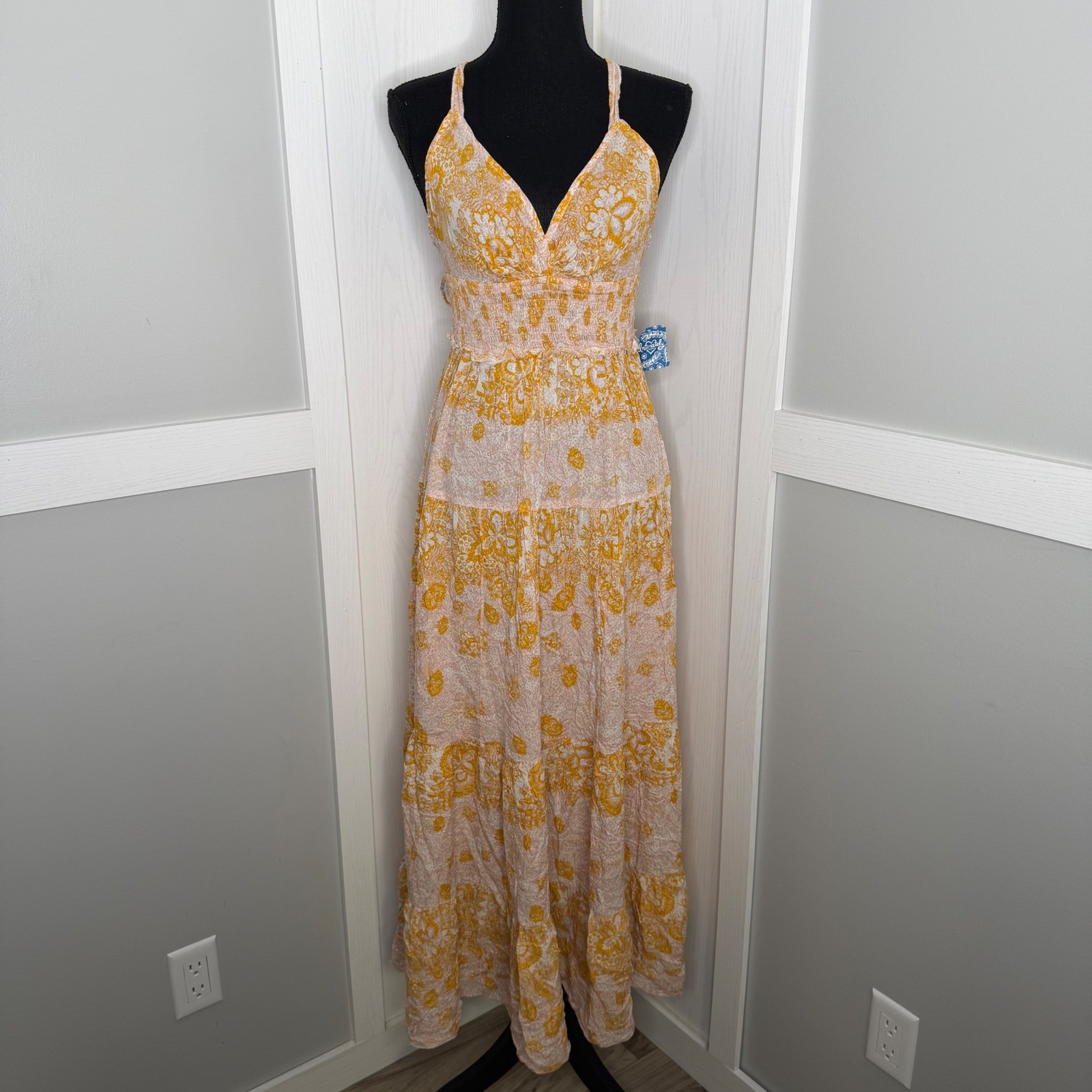 Free People Maxi Dress Women Medium Ivory Combo Floral Smocked OB1103132