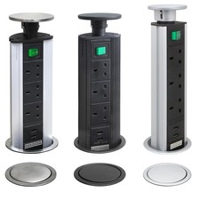 POP UP Power Tower 3 Socket 2 USB with Safety Switch Silver/Stainless Steel TOP