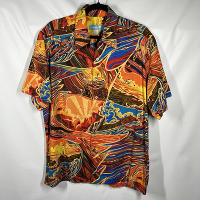 Kai Hawaiian Shirt Hypnotik Wave Colorful Vtg Canoes Outrigger L Retro 60s 70s