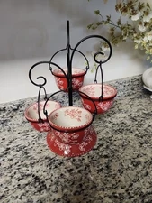 Set of 4 Hanging Bowls Ramekins w/Stand by Temptations QVC Red Lace Cranberry