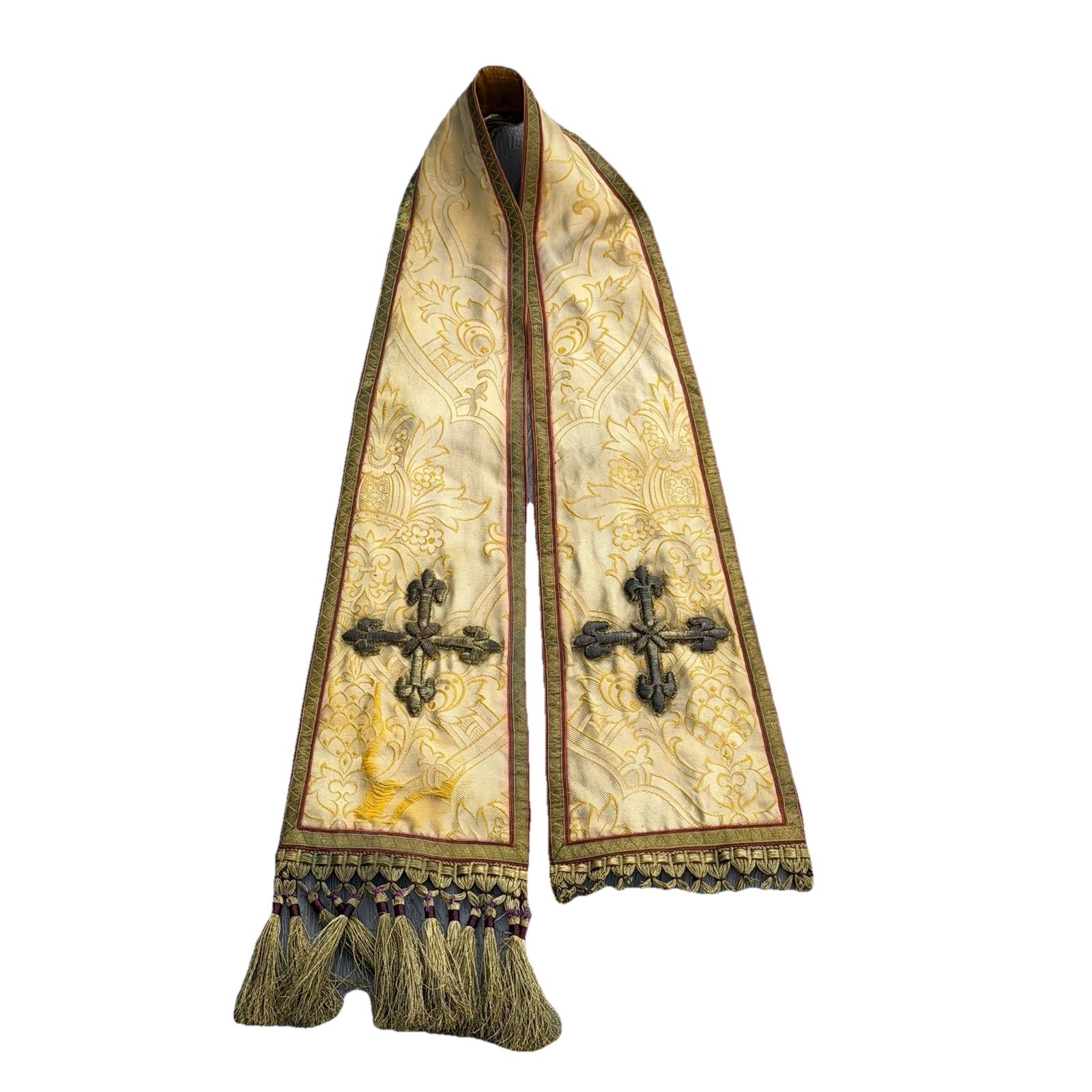 Vintage gold clergy stole brocade embroidered crosses tassel church vestment