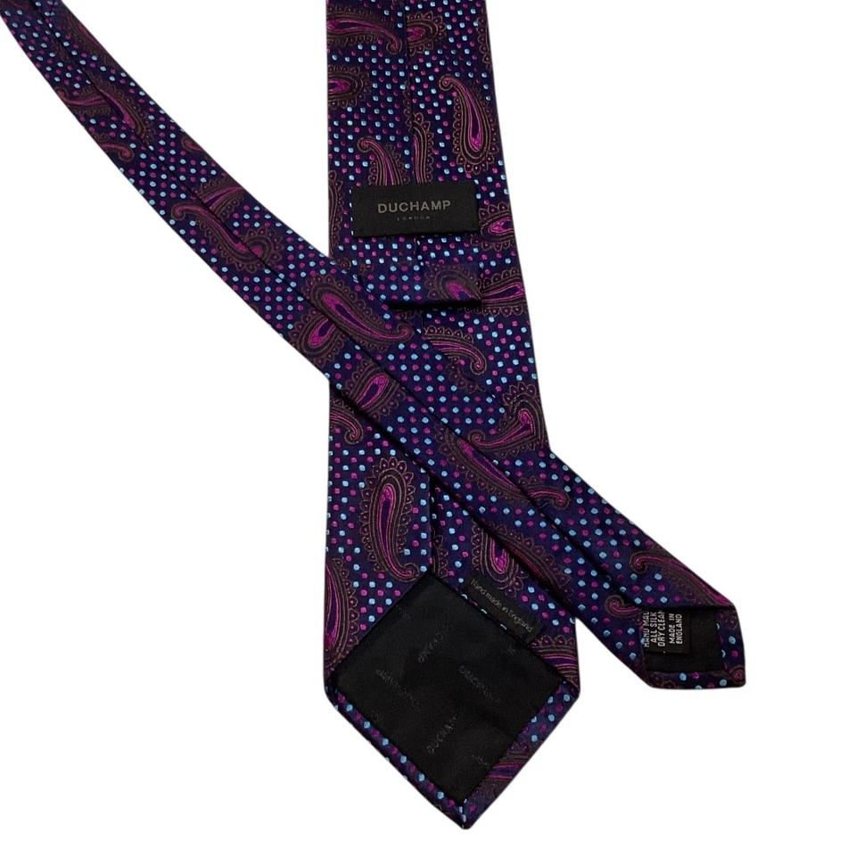 Corbata de hombre DUCHAMP 100 % seda INGLATERRA lujo PAISLEY azul/púrpura/marrón usada en excelente estado Foto 3 de 3