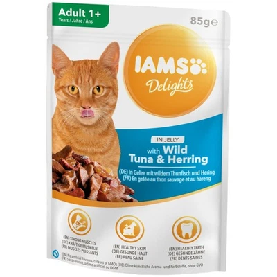 IAMS Delights Thunfisch & Hering in Gelee 24 x 85g Katzen Nassfutter MHD 10.2025