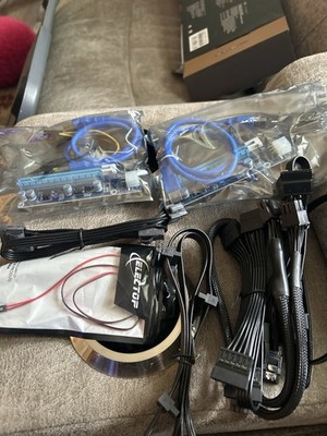 PC Parts Lot   PCIe Risers, Corsair PSU Cables, SATA Cables, RGB Strip + Bag 
