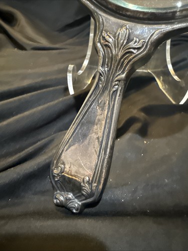 Vintage Art Nouveau Silver Plate Hand Held Floral Mirror 10 In G Monogram - Bild 9 von 11