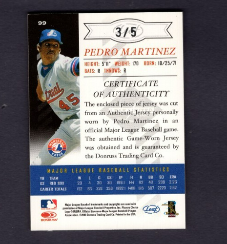 2003 LEAF LIMITED AUTO MONIKERS TEAL JERSEY #99 PEDRO MARTINEZ EXPOS SSP #3/5 - Picture 2 of 2