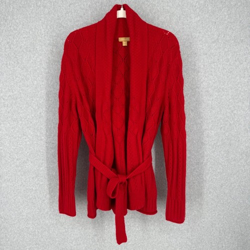 Katherine Kelly Womens Cashmere Tie Waist Cardigan Sweater Size M Red Cable Knit - Picture 1 of 9