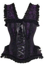 Daisy Corset Top Drawer Purple Black Brocade Lace Steel Boned Bustier Sleeves