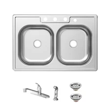 33 In. Drop-In 50/50 Double Bowl 20 Gauge Stainless Steel Kitchen Sink with Fauc