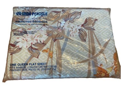 VTG 1970s No-Iron Percale NOS Selected Seconds Queen Flat Sheet Floral Iris