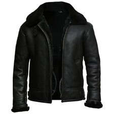 Giubbotto Bomber Uomo B3 Aviatore Vera Pelle di Pecora Nero Pelliccia Cappotto Shearling