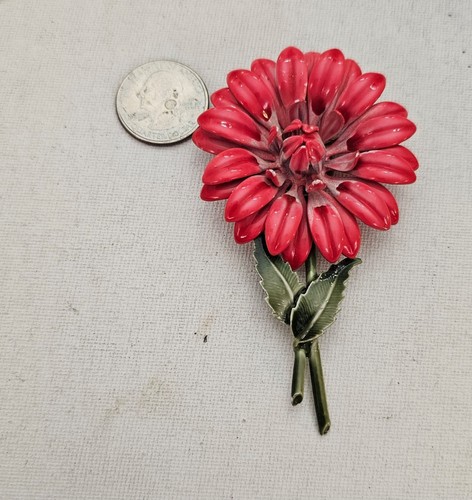 Broche de flor con tallo de metal rojo, pin de hoja de esmalte verde - Imagen 7 de 9