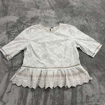 Free People Merci Beaucoup White Cotton Eyelet Lace Peplum Blouse Womens Medium