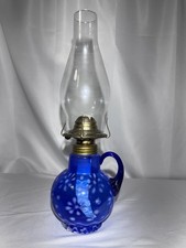 Vintage Cobalt Blue Opalescent Glass Finger Oil Lamp Snowflake Pattern 14