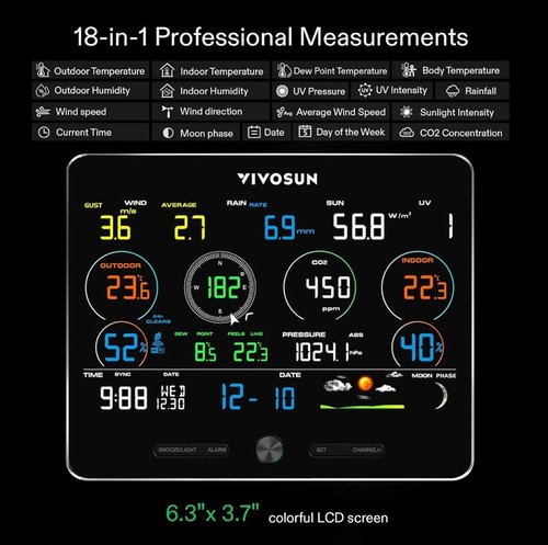 VIVOSUN 18-in-1 Wi-Fi Weather Station w/ Outdoor Sensor 7.6" Color Display - Picture 3 of 18