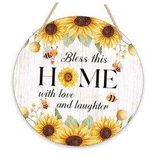 Front Door Sign, Christian Round Wooden Hanging Door Signs, Bless Bee Sunflower