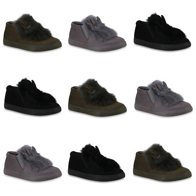 Damen Slip On Sneaker Fell Slippers Wildleder-Optik Turnschuhe 825606 Mode